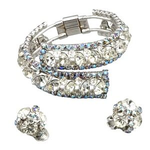 Vintage Rhinestone Bracelet Earrings Set Bypass Clamper Angled Stones Aurora Bor